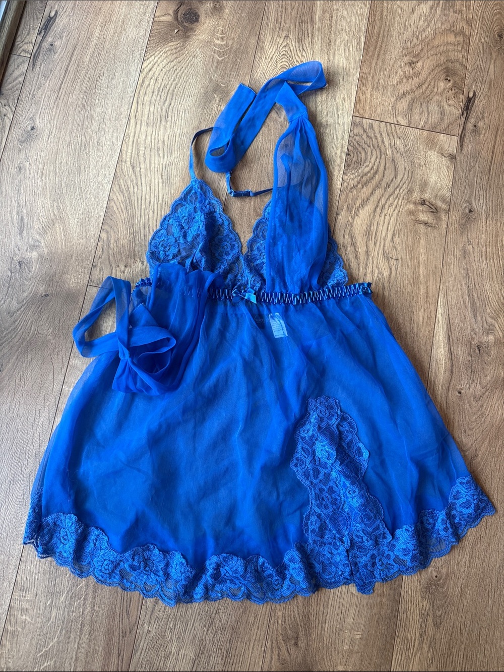 Frederick's of Hollywood Blue Sheer Lace Halter Chemise